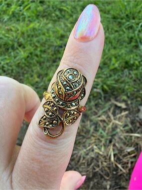 Gold-Tone Marcasite Floral Statement Ring - Women Jewelry